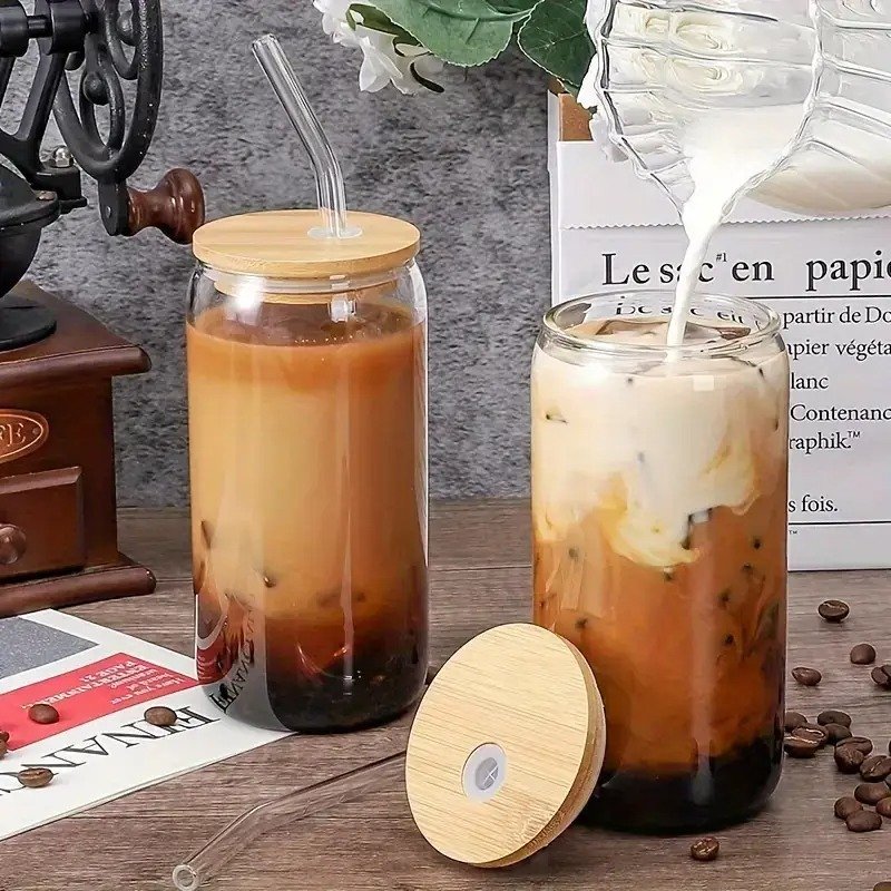 400ml Round Glass Cup with Glass Straw & Wooden Lid | Imported High-Quality Coffee Glass, Milk Glass, Juice & Soda Cup 4 400ml Round Glass Cup with Glass Straw & Wooden Lid | Imported High-Quality Coffee Glass, Milk Glass, Juice & Soda Cup - Image 4