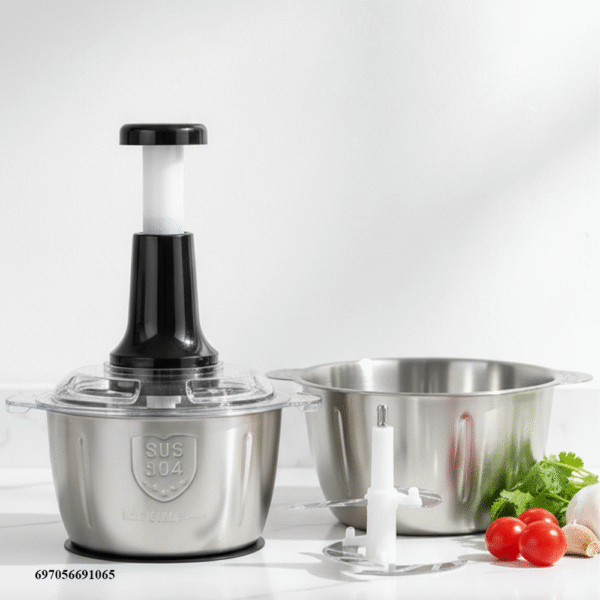 2L Stainless Steel Hand Push Food Chopper with 4 Sharp Blades | Manual Vegetable, Meat & Fruit Cutter | Durable Steel Bowl Vegetable Cutter