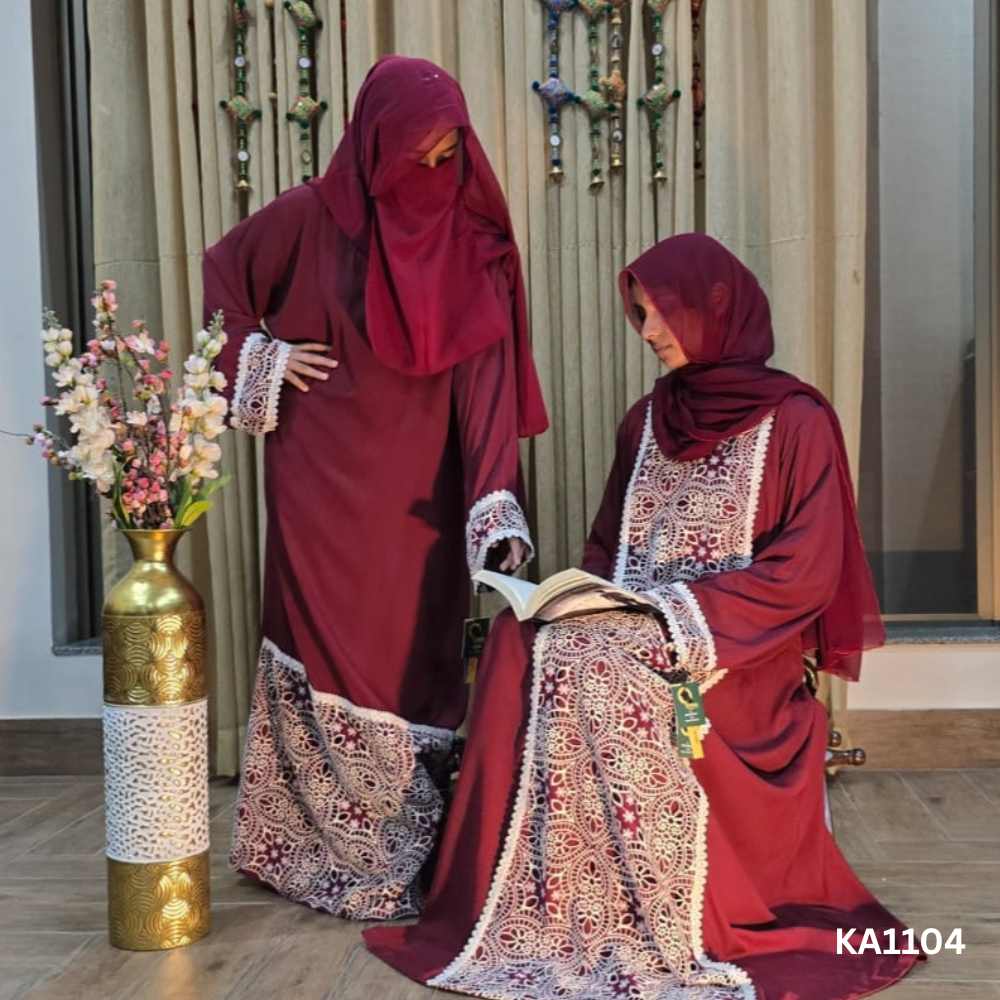 Ruby Bloom Front Closed Maroon Georgette Abaya with Off-White Cutwork Detailing 3 Ruby Bloom Front Closed Maroon Georgette Abaya with Off-White Cutwork Detailing - Image 3