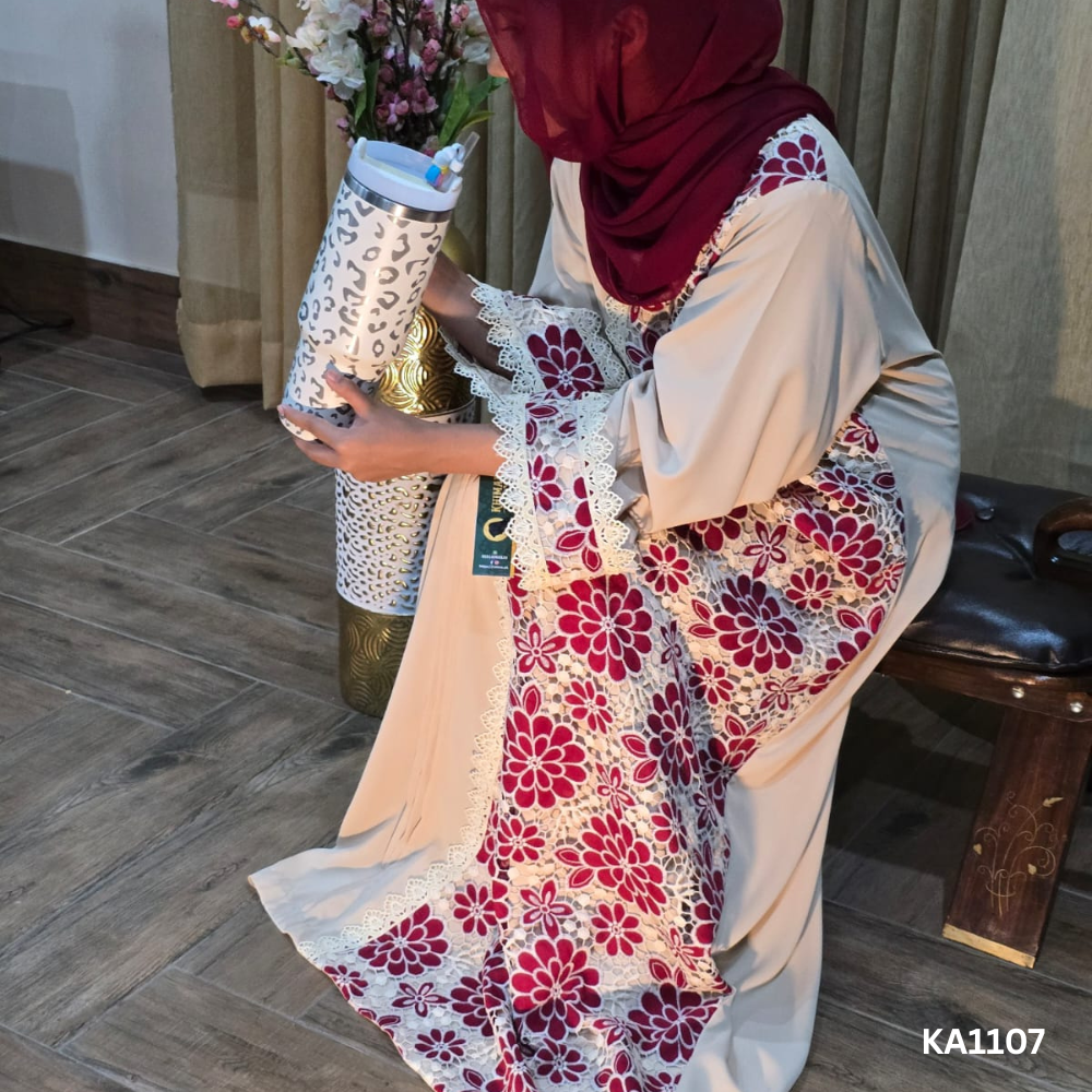 Cream Dust Abaya | Front Closed Elegant Grip Fabric Abaya with Off-White Cutwork and Lace Detailing 2 Cream Dust Abaya | Front Closed Elegant Grip Fabric Abaya with Off-White Cutwork and Lace Detailing - Image 2