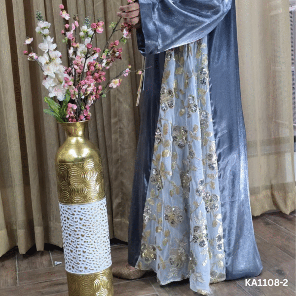 Sitara Smoky Silk Abaya | Front Closed Elegant Grey Abaya in Lava Silk with Embroidered Chiffon Panels