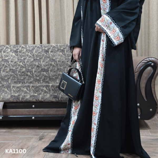Elegant Floral Strip Black Abaya | Front Closed Semi-Formal Nida Fabric Abaya for Women | Modest Wear with Printed Pattis