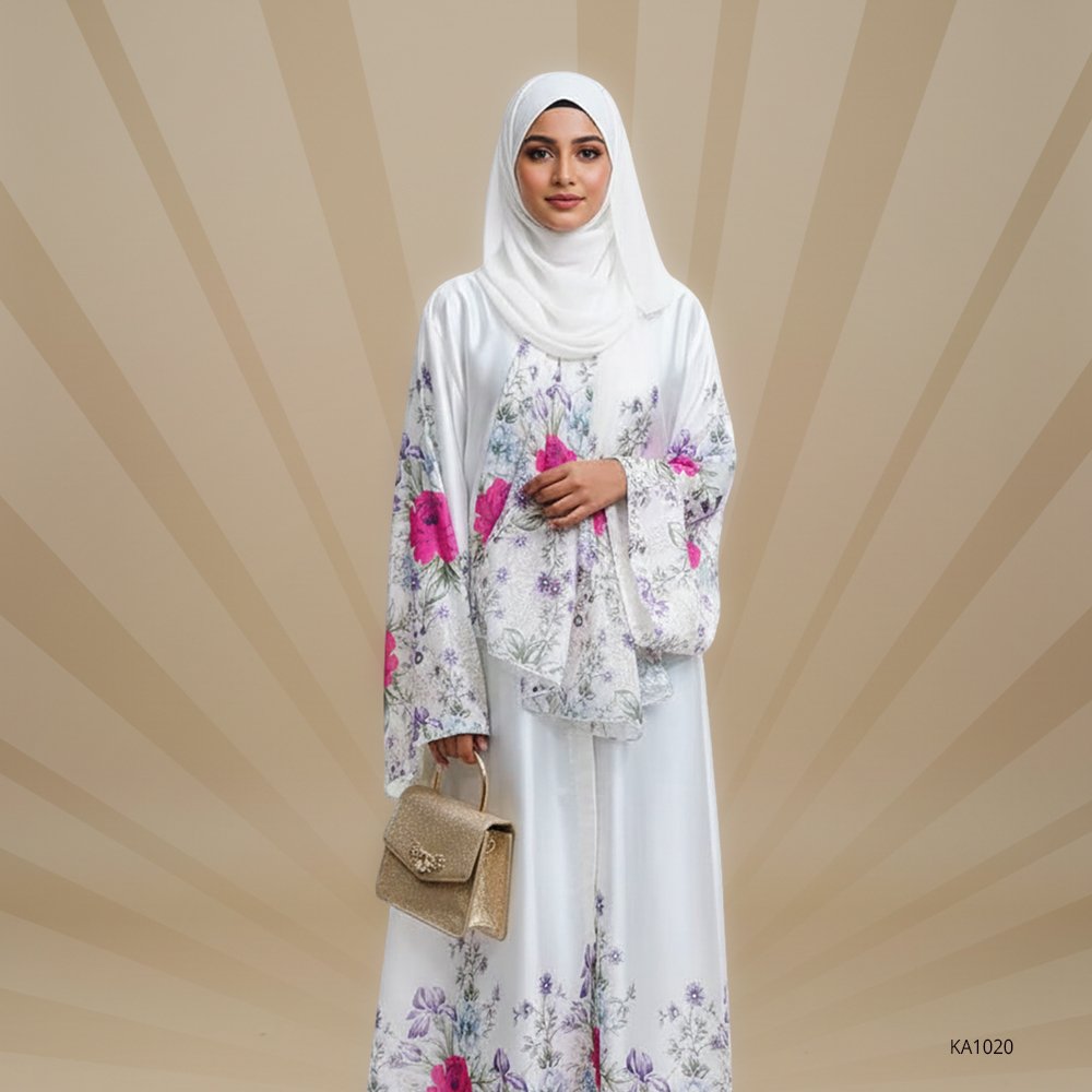 Noor Bloom White Silk Upper Style Abaya with Pink Floral Print & Matching Dupatta | Elegant Casual Wear for Women 1 Noor Bloom White Silk Upper Style Abaya with Pink Floral Print & Matching Dupatta | Elegant Casual Wear for Women