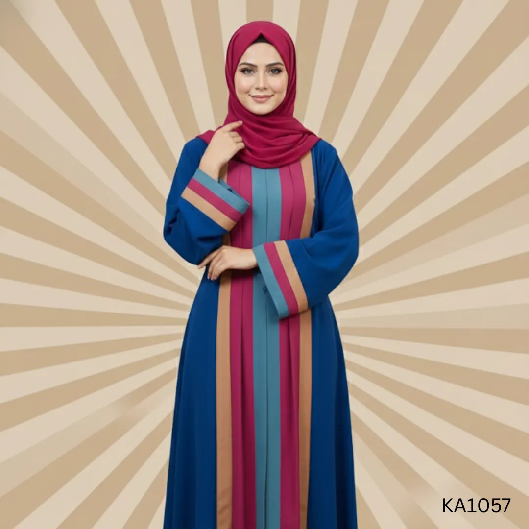 A vibrant front-open abaya featuring a stunning combination of teal, maroon, camel, and navy blue panels. The design showcases vertical contrast stripes on the front and matching detailing on the wide sleeves, adding a graceful flow and elongating effect. The maroon chiffon hijab perfectly complements the multi-tone elegance, making it ideal for formal or semi-formal occasions