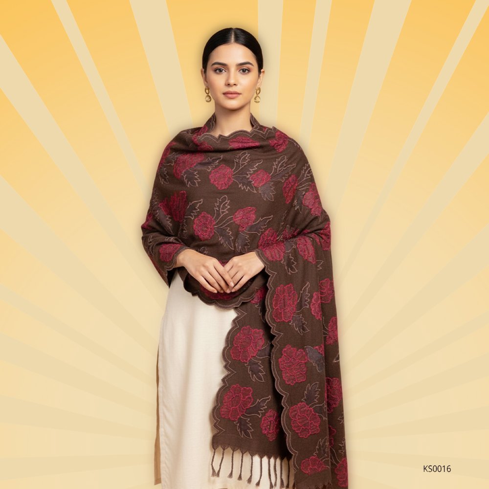 Brown Woolen Applique Shawl 1 Brown Woolen Applique Shawl