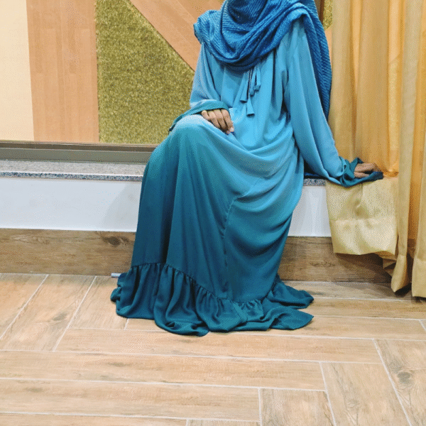 Zahra Flared Plain Abaya | Elegant Frock Style Double Georgette Abaya for Women | Sea Green Semi-Formal Modest Wear with Frill Design