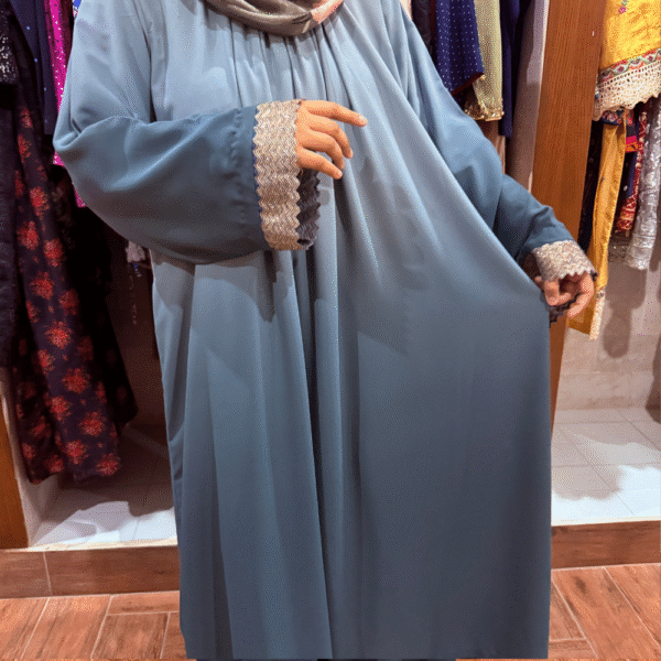 Duoora Front Closed Pleated Abaya for Women | Elegant Georgette Fabric with Lace Sleeve Detailing | Modest & Stylish Casual Abaya in Light and Dark Zinc