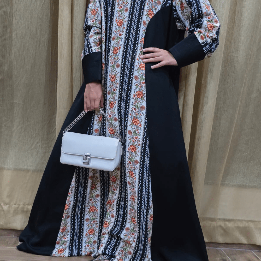Noir Bloom Front Closed Abaya | Elegant Floral Print with Black Side Panels | Modest Casual Abaya for Women in Nida & Georgette Fabric 1 Noir Bloom Front Closed Abaya | Elegant Floral Print with Black Side Panels | Modest Casual Abaya for Women in Nida & Georgette Fabric