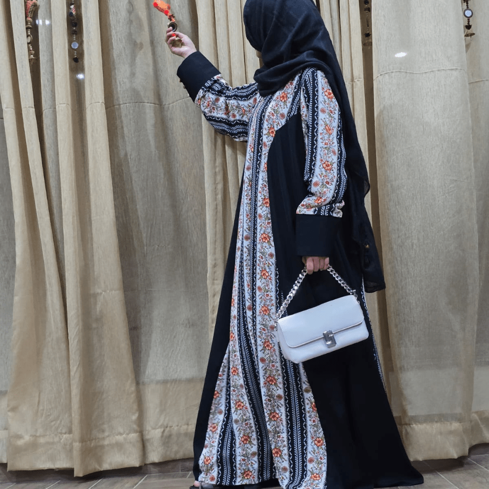 Noir Bloom Front Closed Abaya | Elegant Floral Print with Black Side Panels | Modest Casual Abaya for Women in Nida & Georgette Fabric 2 Noir Bloom Front Closed Abaya | Elegant Floral Print with Black Side Panels | Modest Casual Abaya for Women in Nida & Georgette Fabric - Image 2