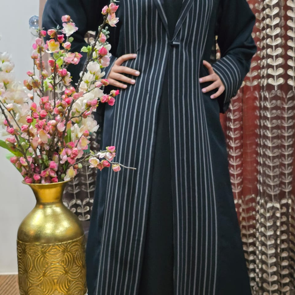 Chic Long Coat Abaya for Women Without inner | Elegant Printed Collar & Cuff Design | Black Semi-Formal Nida & Georgette Fabric 3 Chic Long Coat Abaya for Women Without inner | Elegant Printed Collar & Cuff Design | Black Semi-Formal Nida & Georgette Fabric - Image 3