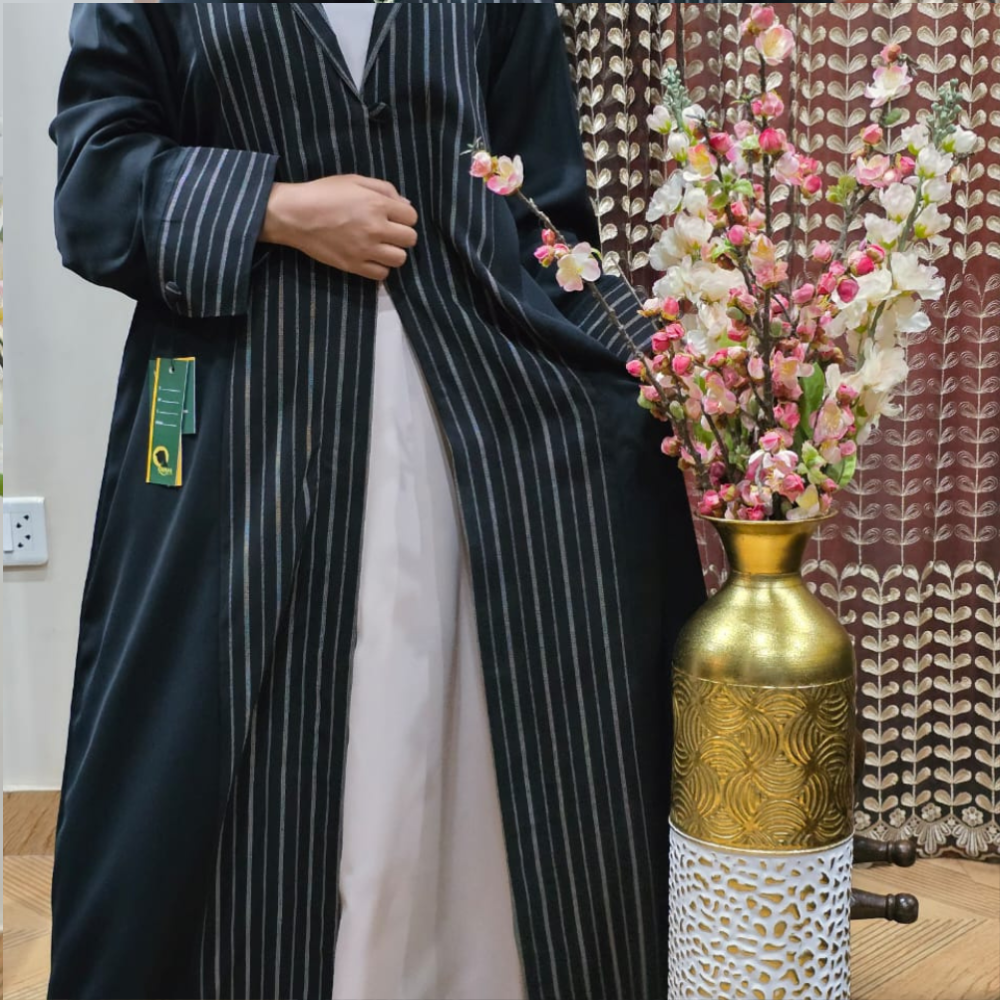 Chic Long Coat Abaya for Women Without inner | Elegant Printed Collar & Cuff Design | Black Semi-Formal Nida & Georgette Fabric 2 Chic Long Coat Abaya for Women Without inner | Elegant Printed Collar & Cuff Design | Black Semi-Formal Nida & Georgette Fabric - Image 2