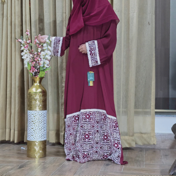 Ruby Bloom Front Closed Maroon Georgette Abaya with Off-White Cutwork Detailing