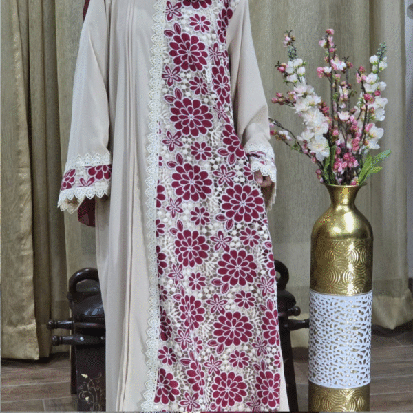 Cream Dust Abaya | Front Closed Elegant Grip Fabric Abaya with Off-White Cutwork and Lace Detailing