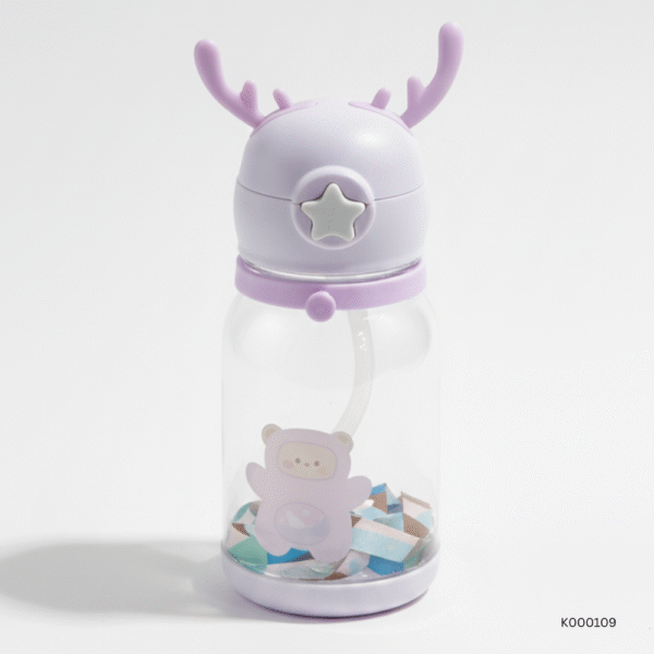 Baby Bottle Sipper Horn 450ml | Kids Straw Water Bottle with Cartoon Antlers | Leak-Proof BPA-Free Tritan Cup with Strap for Toddlers