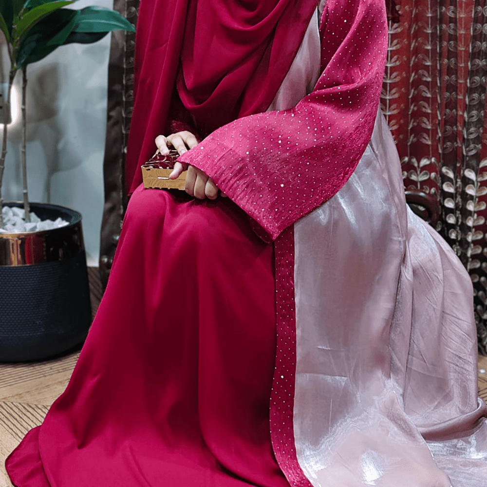 Opal Red Silk Abaya With Tea Pink Inner | Semi-Formal Stone Sheesha Silk Design for Women 3 Opal Red Silk Abaya With Tea Pink Inner | Semi-Formal Stone Sheesha Silk Design for Women - Image 3