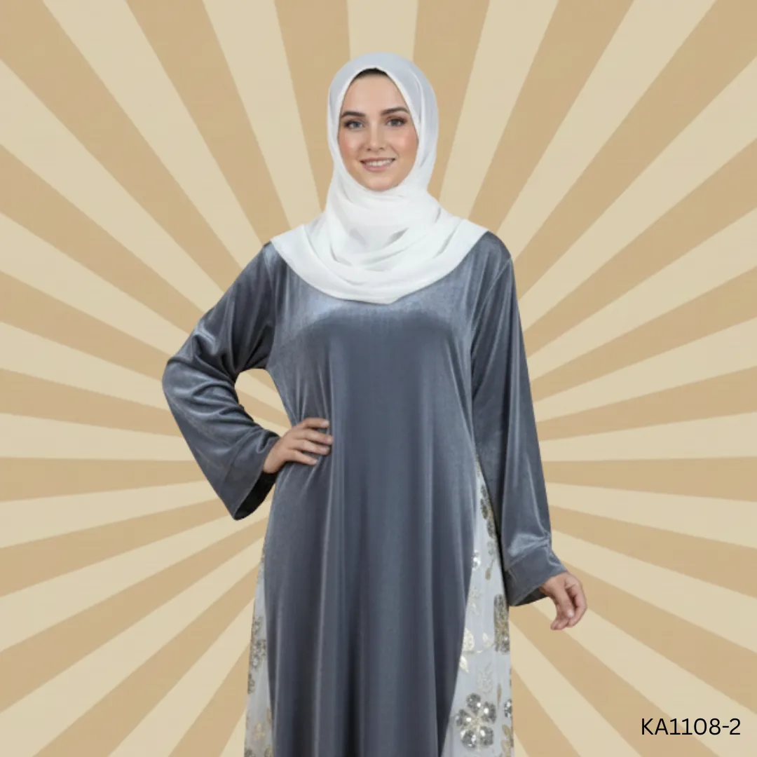 Sitara Smoky Silk Abaya | Front Closed Elegant Grey Abaya in Lava Silk with Embroidered Chiffon Panels