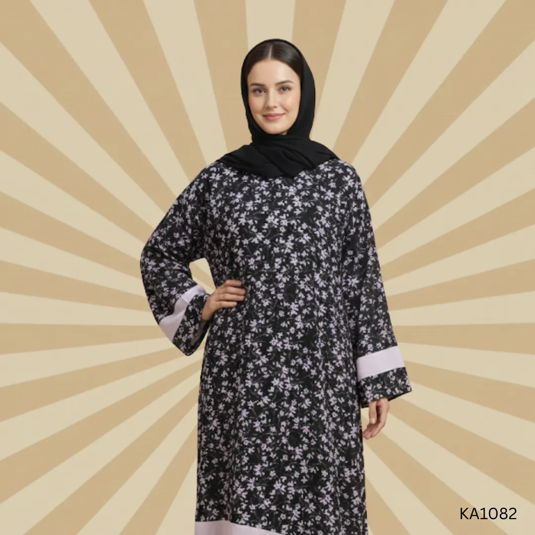 Modern Contrast A-Line Abaya in Black & Baby Pink | Premium Nida & Chiffon Fabric | Semi-Formal Floral Printed Abaya for Women