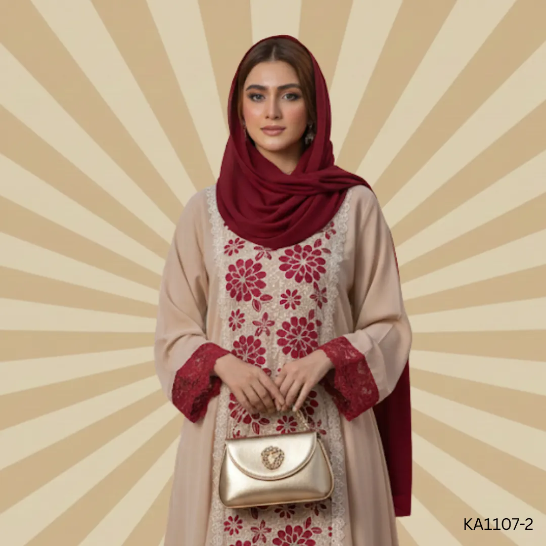 Cream Dust Abaya | Front Closed Elegant Grip Fabric Abaya with Off-White Cutwork and Lace Detailing