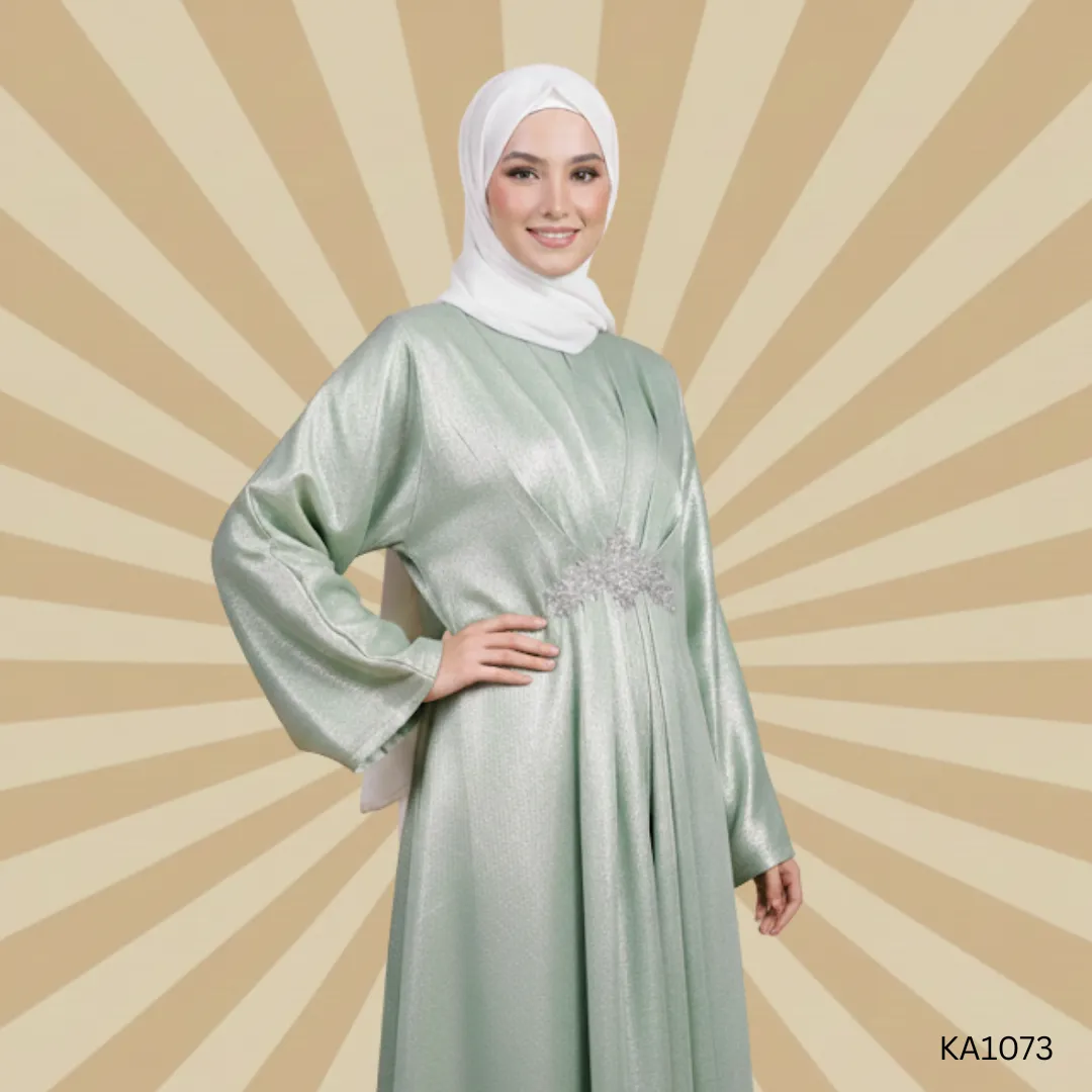 Silken Glow Mint Green Kaftan Abaya | Shimmer Silk Abaya with Embellished Waist Belt | Semi-Formal Elegant Wear