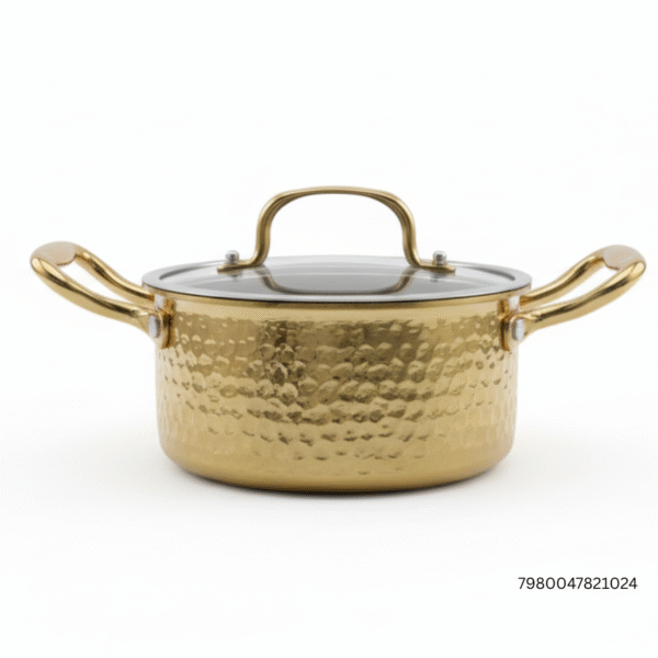 Stainless Steel Golden Hot Pot 16CM | Commercial Single Hot Pot with Glass Lid | One Person Induction Cooker Pot | Hammered Gold Design
