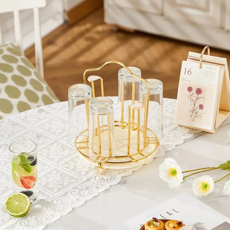 Stainless Steel Glass Holder with White Tray | 6 Cup & Glass Stand Rack | Modern Kitchen Organizer for Daily Use 4 Stainless Steel Glass Holder with White Tray | 6 Cup & Glass Stand Rack | Modern Kitchen Organizer for Daily Use - Image 4