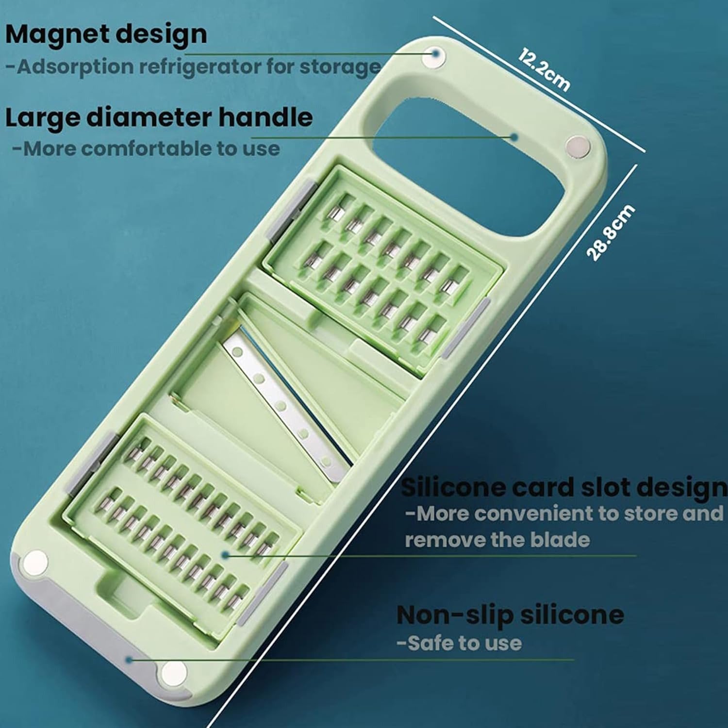 Green Slicer 5 in 1 Multi Use Kitchen Tool | Stainless Steel Surface Multi Cutter | Compact Vegetable & Fruit Slicer | Durable Sharp Blades 5 Green Slicer 5 in 1 Multi Use Kitchen Tool | Stainless Steel Surface Multi Cutter | Compact Vegetable & Fruit Slicer | Durable Sharp Blades - Image 5