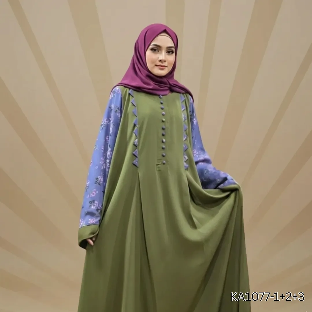 Zeenat Front-Closed Abaya | Mehndi Green Georgette Abaya with Printed Purple Sleeves | Semi-Formal Modest Wear