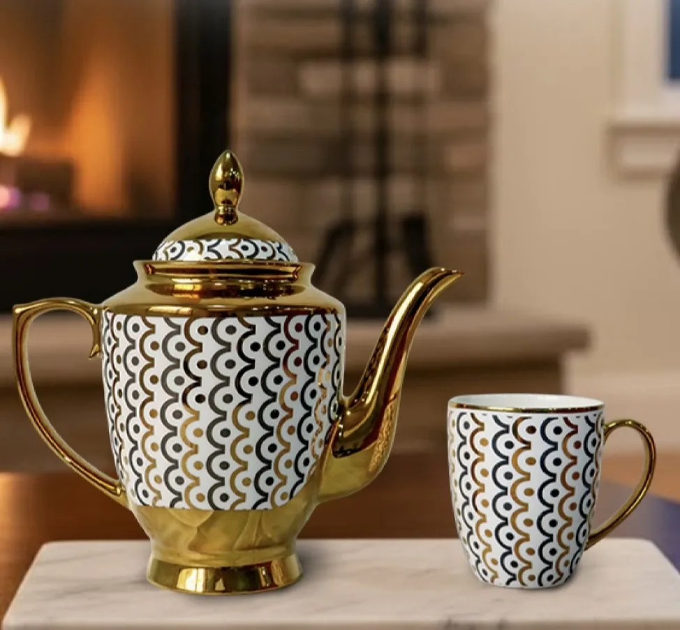 Bone China Golden Coffee Set & Tea Set | Set of 6 Cups with Large Teapot | Luxury Nordic Mesh Design | Heat Resistant & Suitable for Tea, Coffee & Gifting 2 Bone China Golden Coffee Set & Tea Set | Set of 6 Cups with Large Teapot | Luxury Nordic Mesh Design | Heat Resistant & Suitable for Tea, Coffee & Gifting - Image 2