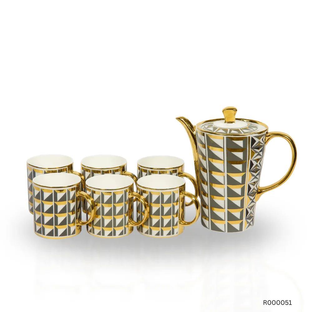 Golden coffee set 6 person geometric pattern teapot cups gold trim ceramic
