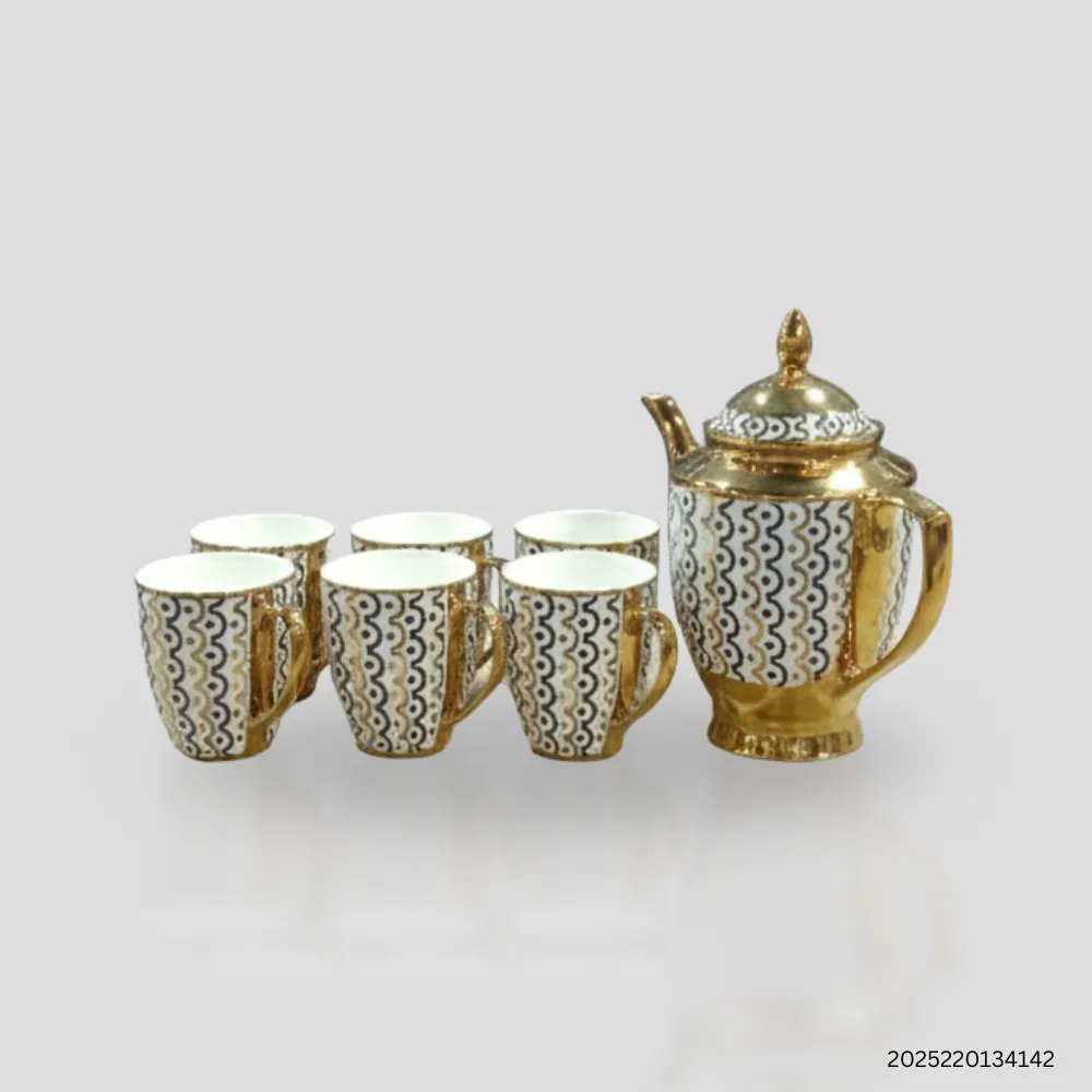 Bone China Golden Coffee Set & Tea Set | Set of 6 Cups with Large Teapot | Luxury Nordic Mesh Design | Heat Resistant & Suitable for Tea, Coffee & Gifting 1 Bone China Golden Coffee Set & Tea Set | Set of 6 Cups with Large Teapot | Luxury Nordic Mesh Design | Heat Resistant & Suitable for Tea, Coffee & Gifting
