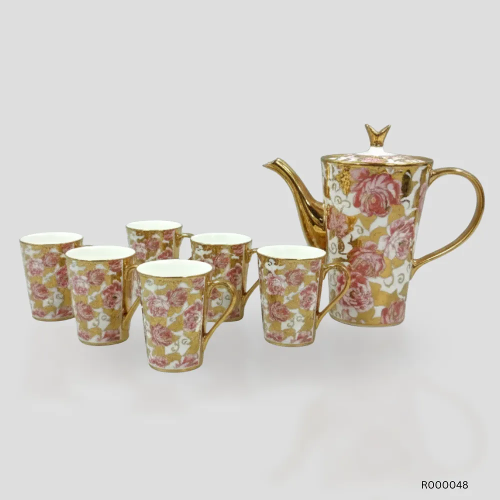 Bone China Coffee Set & Tea Set | Set of 6 Cups with Large Kettle | Rose Gold Floral Design | Lightweight Premium Quality | Suitable for Gifting, Weddings & Home Use 1 Rose gold bone china tea set 6 person pink floral kettle