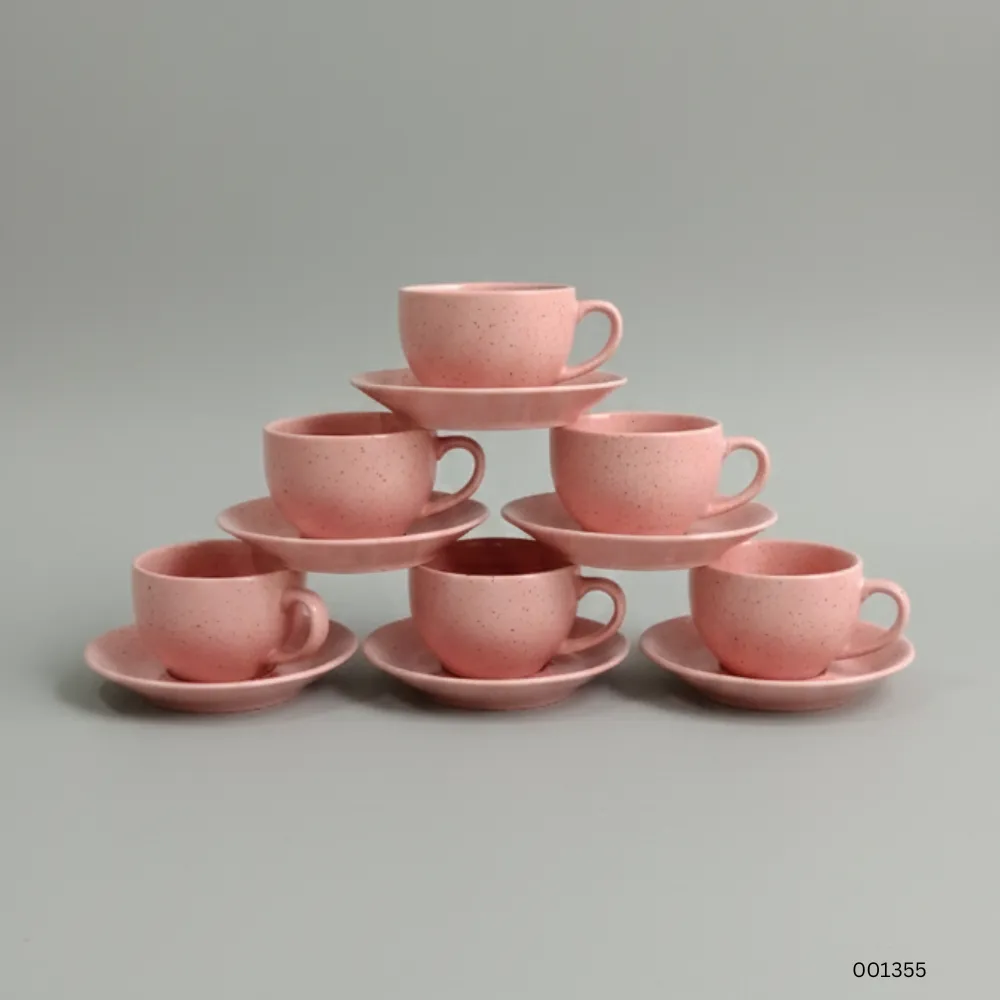 Pink ceramic tea cup set 6 cups 6 saucers speckled