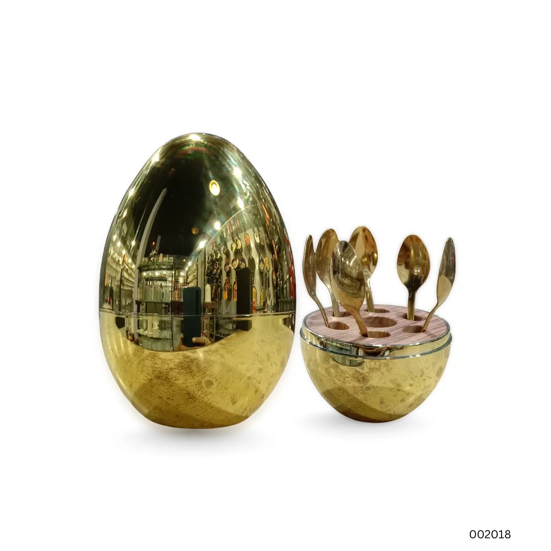 Golden Egg Shell Tea Spoon Set with Wooden Base | 6-Piece Stainless Steel Spoon Holder
