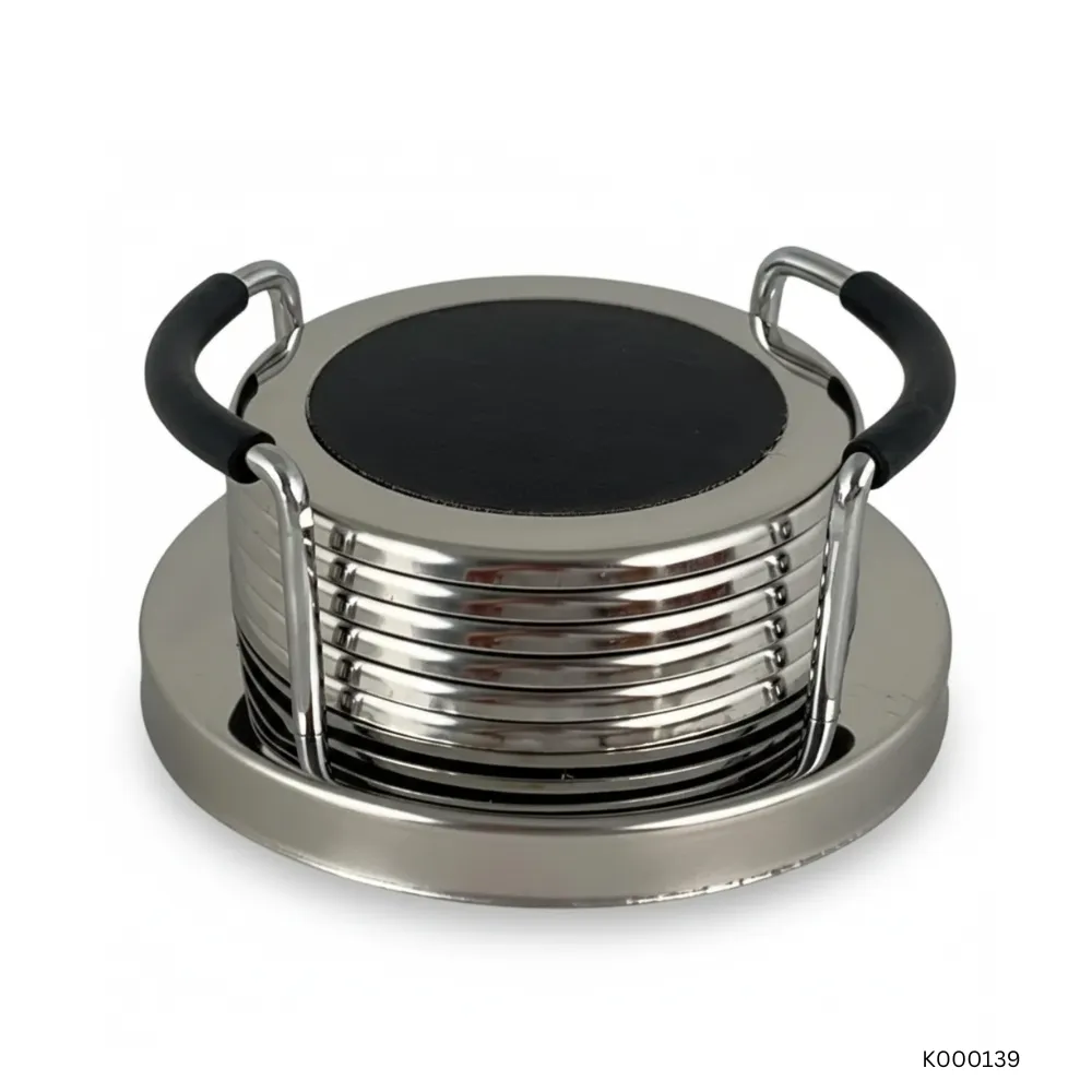 Mat Tea Coaster Set of 6 with Metal Holder | Non-Slip Round Stainless Steel Drink Coasters | Home & Table Surface Protection