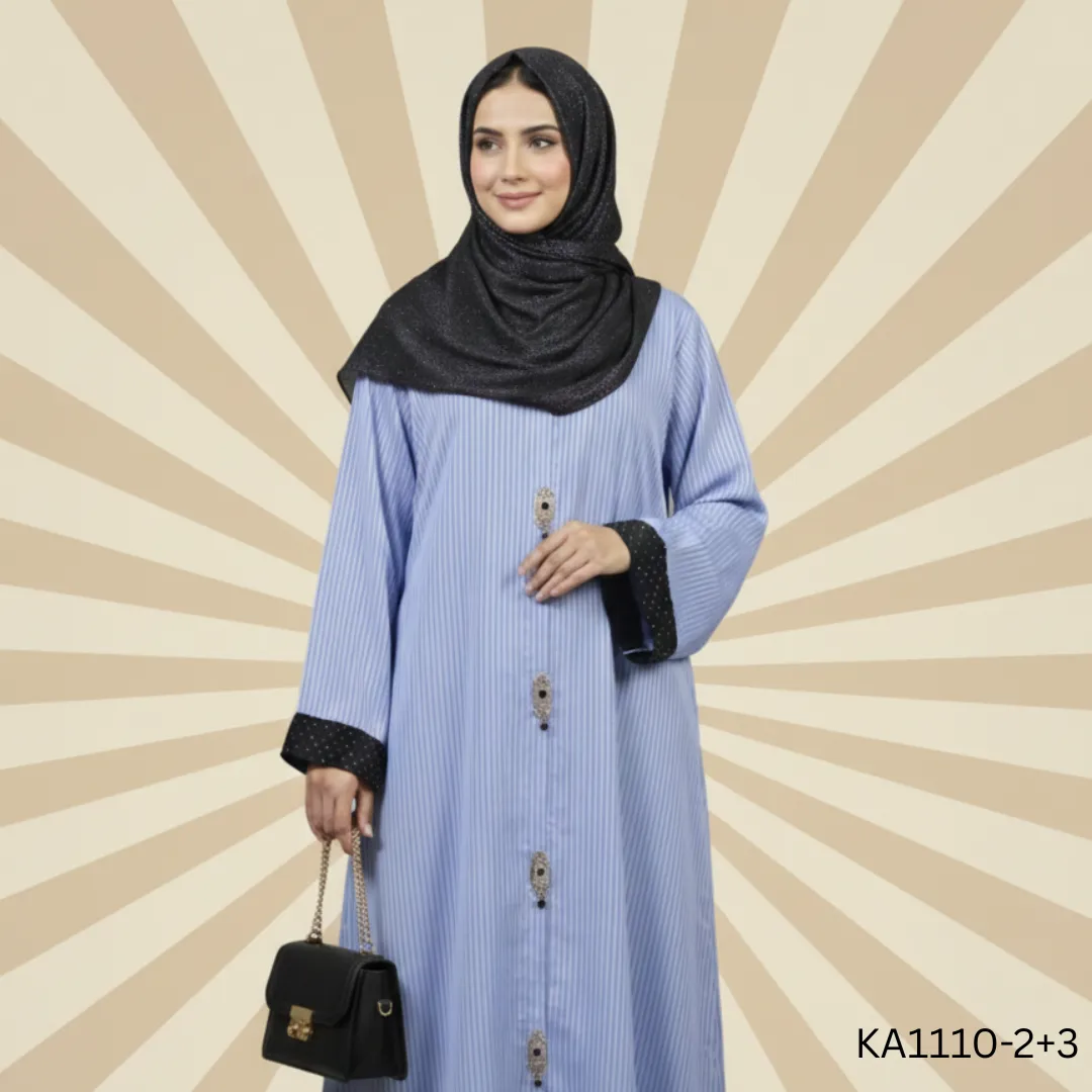 Royal Sheen Bluish-Purple Abaya | Front Open Striped Silk Abaya with Fancy Button Detailing | Elegant Fancy Abaya for Festive & Formal Wear