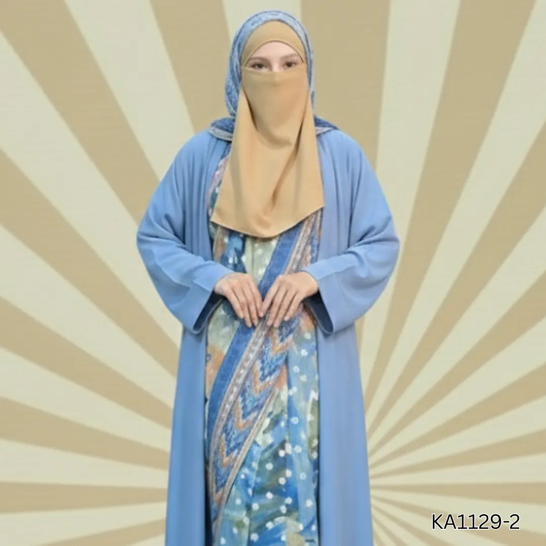 Neelum Zeest Abaya | Saree-Style Multicolor Abstract Chiffon Saree with Sky-Blue Georgette Upper | Elegant Semi-Formal Saree Abaya