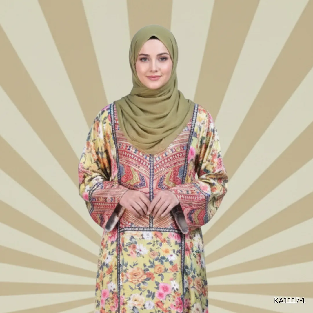 Amber Parrot-Green Silk Abaya | Front Closed Printed Silk Abaya with Red Raw Silk Motifs & Lace Detailing | Elegant Fancy Abaya for Festive Wear