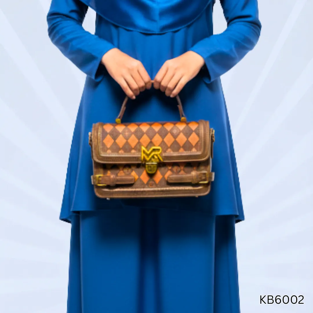 Diamond Flap Handbag with MR Logo & Buckle Detail – Brown Leather Bag