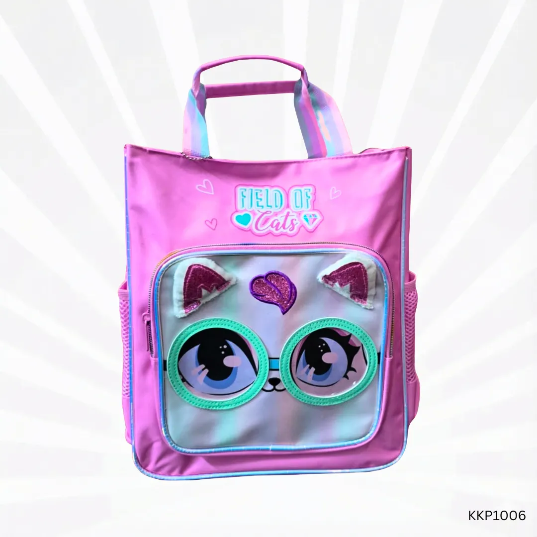 Cat Print Kids Tote Bag | Cute Pink Lightweight School and Casual Carry Bag