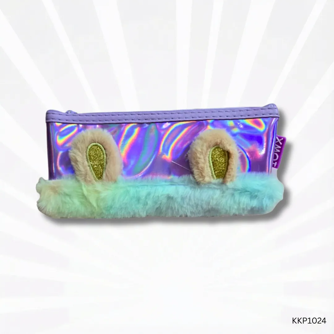 Fluffy Pencil Pouch for Kids | Purple Sparkly Fur Pencil Case with Rabbit Ears