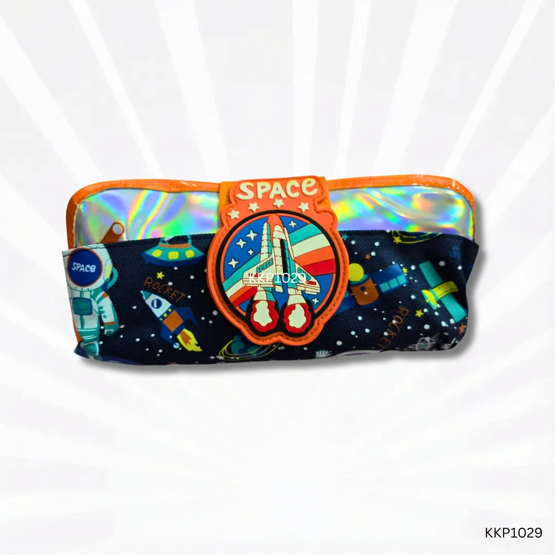 Space Flip Pencil Pouch for Kids | Navy Blue & Orange Galaxy Theme School Pencil Case