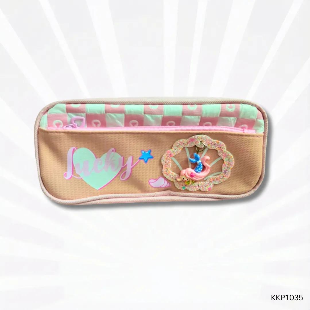 Lucky Mermaid Pencil Pouch for Kids | Pink Pastel Cute Zipper School Pencil Case