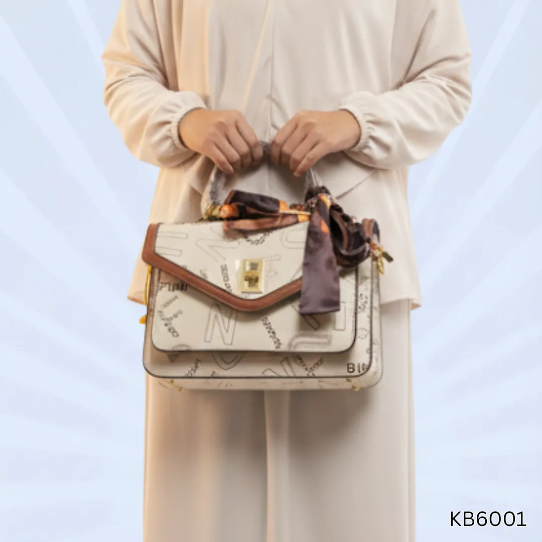 White Printed Flap Handbag for Women | Pure Leather Bag with Gold Twist Lock & Silk Scarf