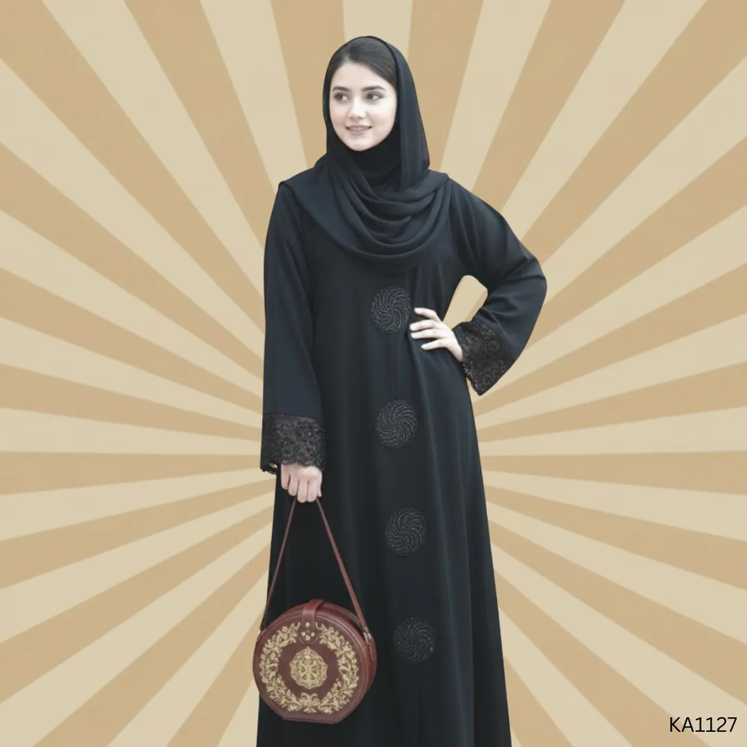 Pearl Noir Abaya | Front Closed Nida Abaya with Elegant Central Pearl Motif | Sophisticated Semi-Formal Wear