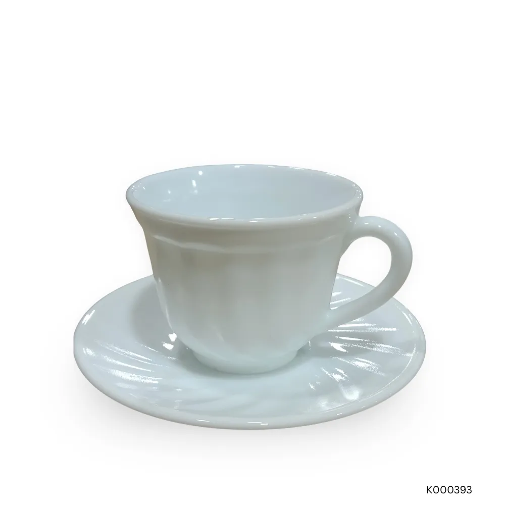 Pure White Marble Stoneware Tea Cup & Saucer Set | 6 Cups & 6 Saucers Microwave & Dishwasher Safe