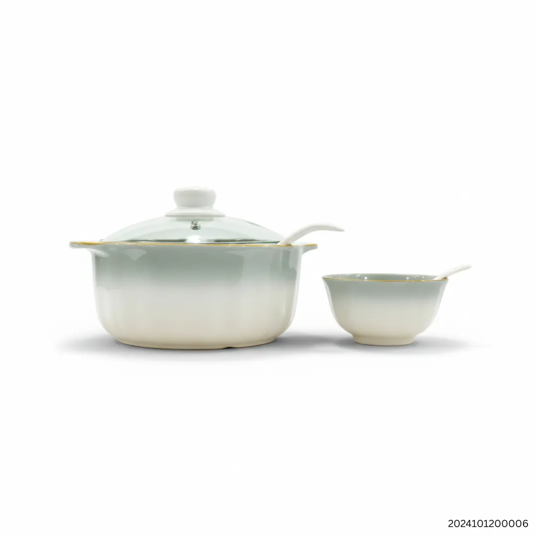 Privilege Ceramic Soup Set 15 Pieces | Luxury White & Gold Soup Tureen Set with Glass Lid for Serving & Dining