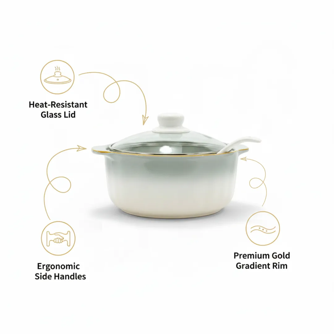 Privilege Ceramic Soup Set 15 Pieces | Luxury White & Gold Soup Tureen Set with Glass Lid for Serving & Dining 3 Privilege Ceramic Soup Set 15 Pieces | Luxury White & Gold Soup Tureen Set with Glass Lid for Serving & Dining - Image 3