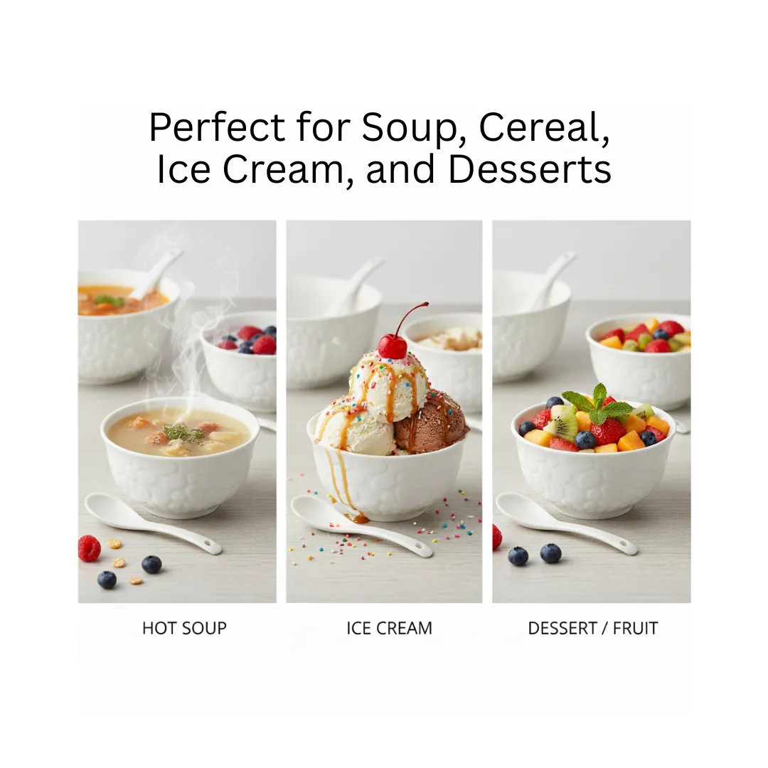 Ceramic Soup Set 14 Pieces with Spoons | White Embossed Bowls for Soup, Cereal, Ice Cream & Dessert Serving 7 Ceramic Soup Set 14 Pieces with Spoons | White Embossed Bowls for Soup, Cereal, Ice Cream & Dessert Serving - Image 7
